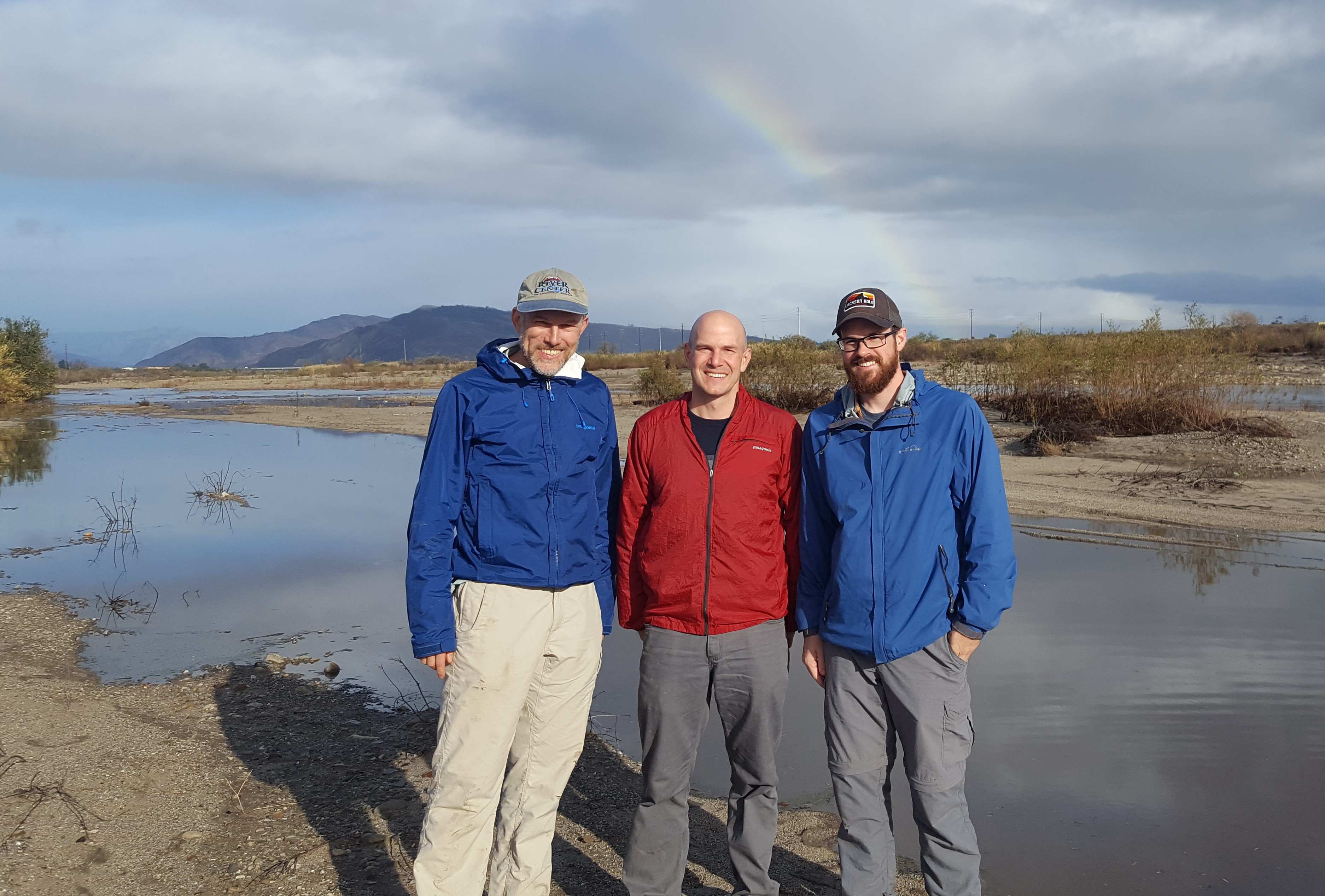 Andrew Wilcox, Eric Hallstein (TNC), and Jordan Gilbert on the bank of the lower Santa Clara River in southern California.